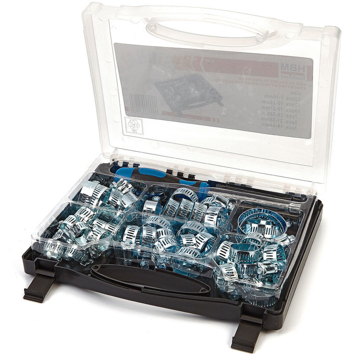 HBM 50-piece hose clamp assortment including socket wrench