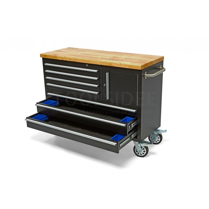 HBM 122 cm. professional tool trolley / workbench with wooden top - black