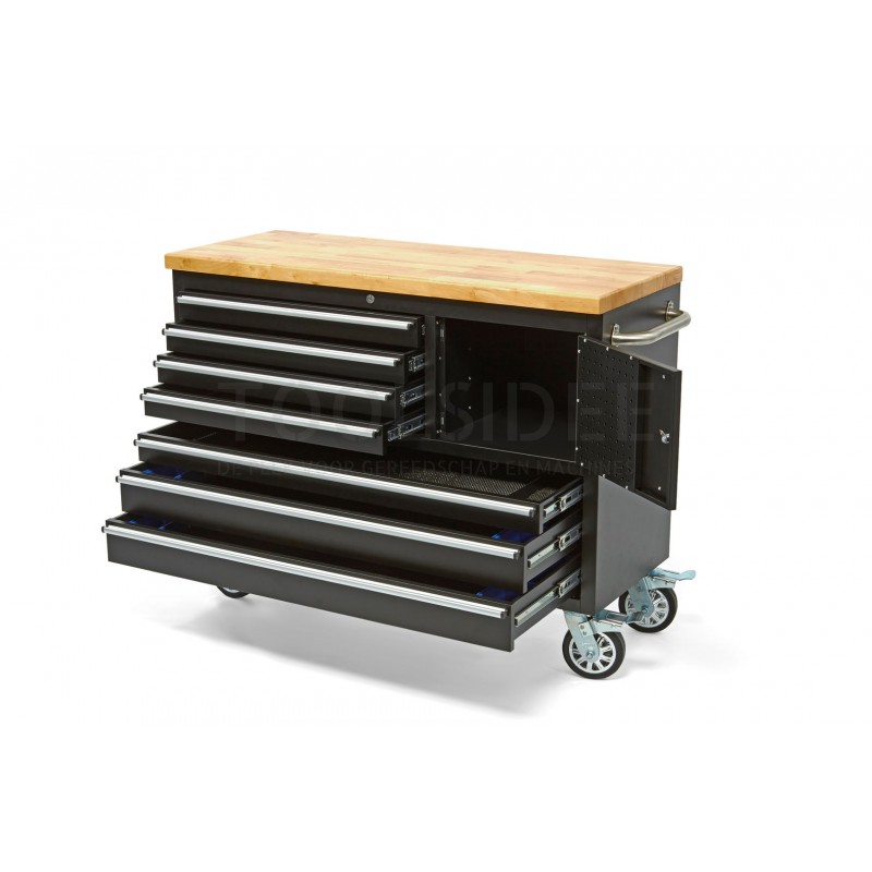 HBM 122 cm. professional tool trolley / workbench with wooden top - black