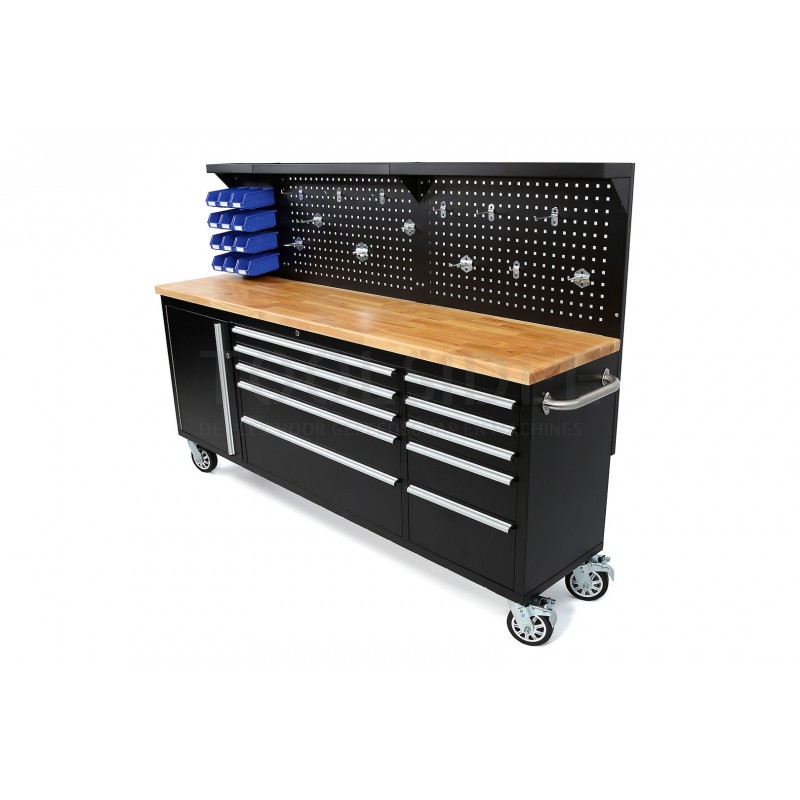 HBM 215 cm. tool trolley / workbench with wooden worktop including back wall