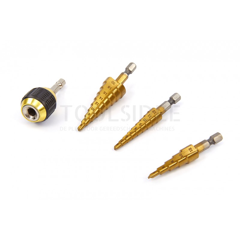HBM 3-piece staircase drill set with hex connection and quick-change holder