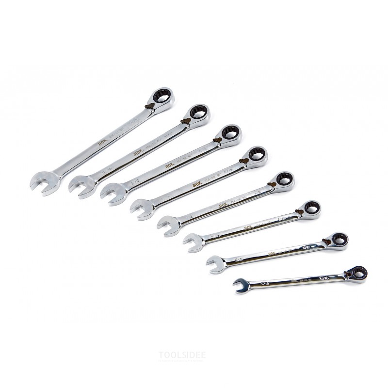 AOK 8-piece English professional ring, ratchet, open-ended spanner set with left - right switching