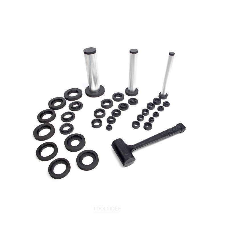 HBM 37-piece wheel bearing and gasket disassembly set including non-recoil hammer