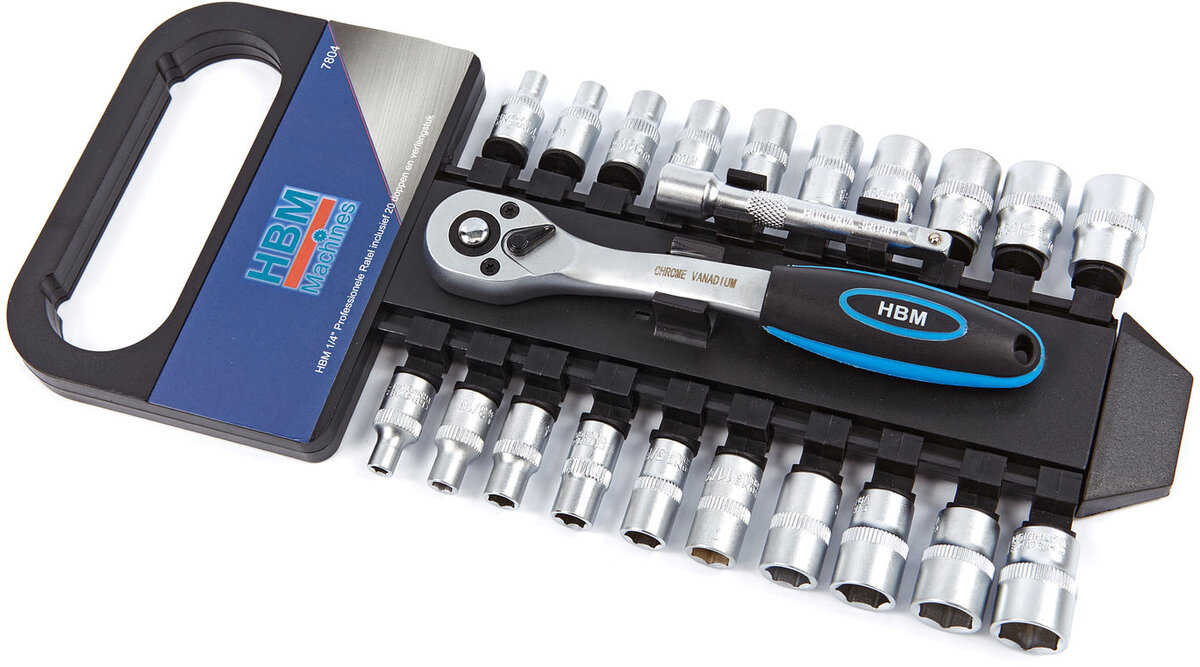 HBM 1/4 professional ratchet including 20 caps and extension