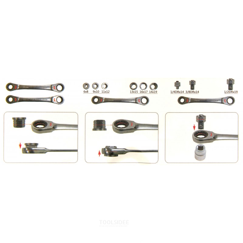 HBM 15 in 1 through ring ratchet wrench set including 1/4 - 3/8 and 1/2 recording