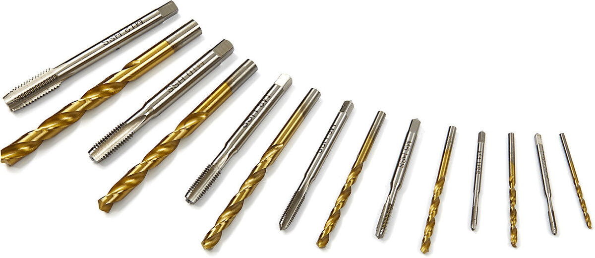 HBM 7-piece tin-coated machine tap set m3-12 including matching drills