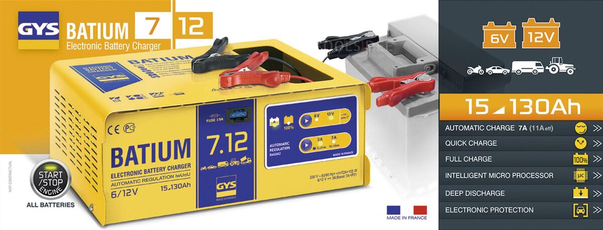 Gys Batium 7/12 Profesjonell batterilader, 230V, 6-12 V, 105 W