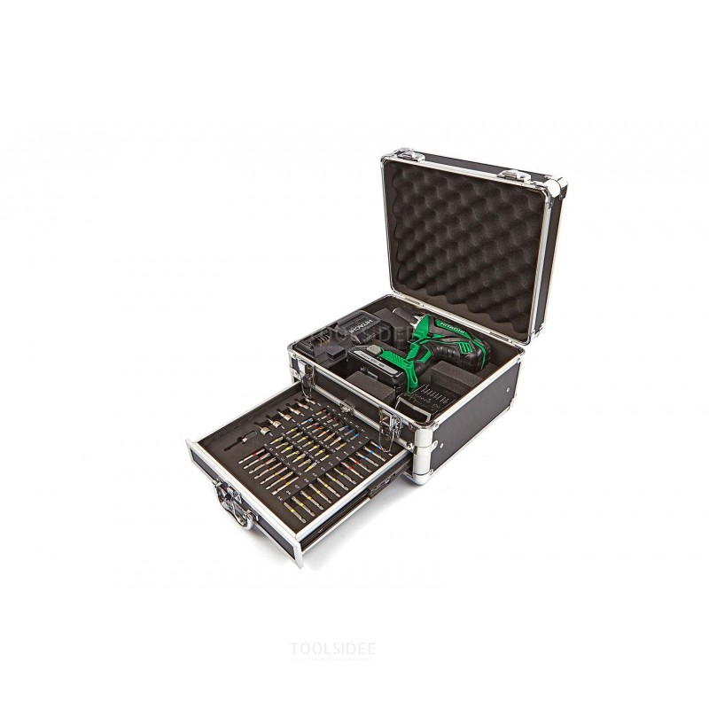 Hitachi DS18DJL 18V 1.5 AH dans une valise en aluminium avec 54 accessoires.