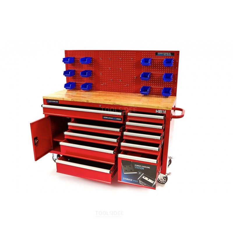 HBM 158 cm 10 drawers workbench with door and rear wall - red