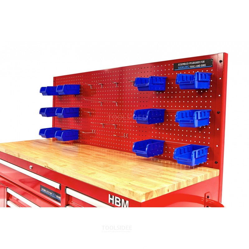 Banco da lavoro HBM da 158 cm con 10 cassetti con anta e parete posteriore - rosso