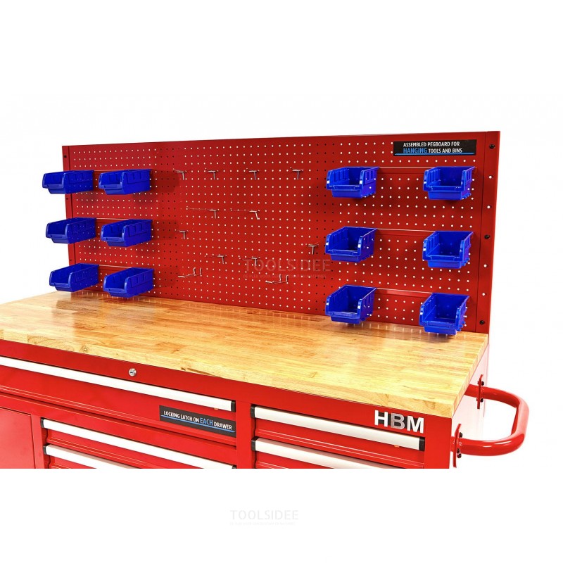 HBM 158 cm 10 drawers workbench with door and rear wall - red