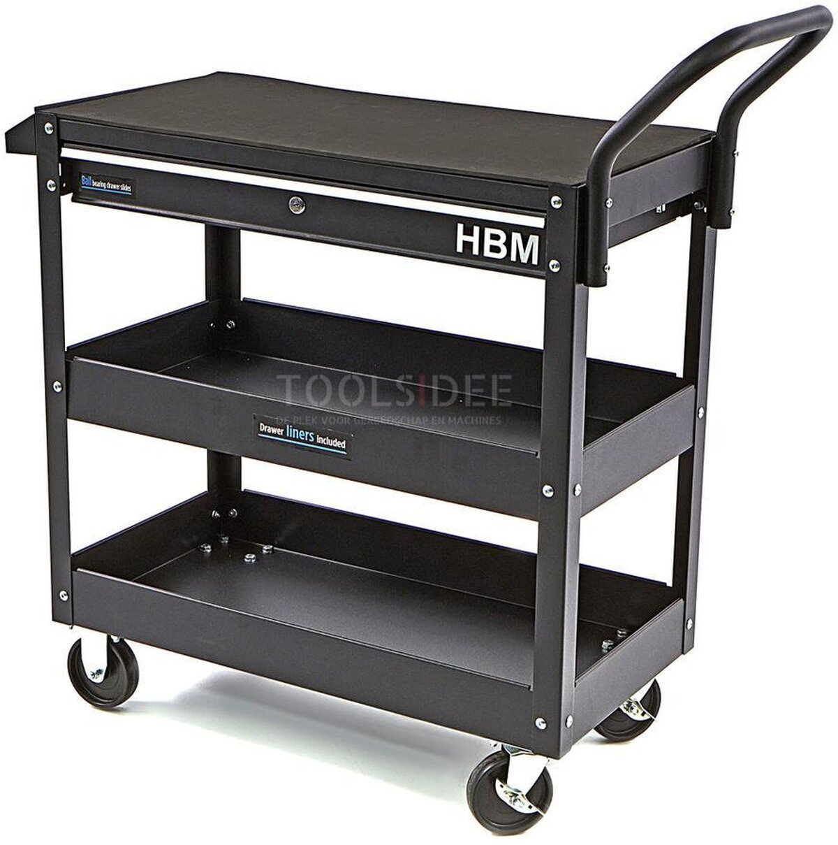  HBM Deluxe 3-kerroksinen universaali työkaluvaunu laatikolla ja telineellä
