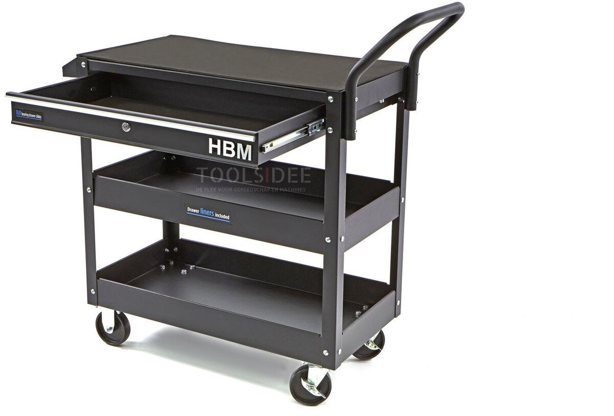  HBM Deluxe 3-kerroksinen universaali työkaluvaunu laatikolla ja telineellä