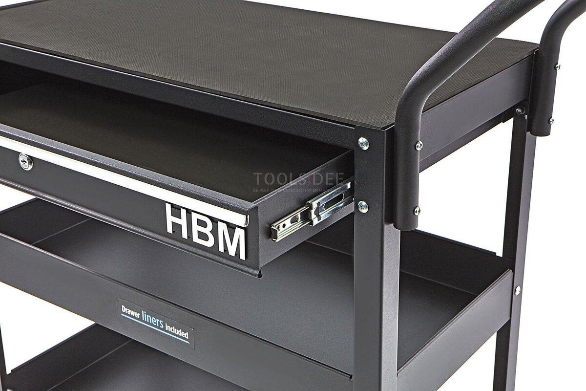  HBM Deluxe 3-kerroksinen universaali työkaluvaunu laatikolla ja telineellä