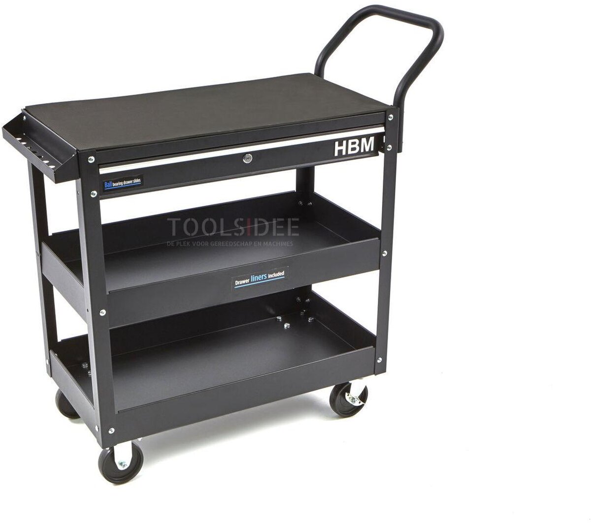  HBM Deluxe 3-kerroksinen universaali työkaluvaunu laatikolla ja telineellä