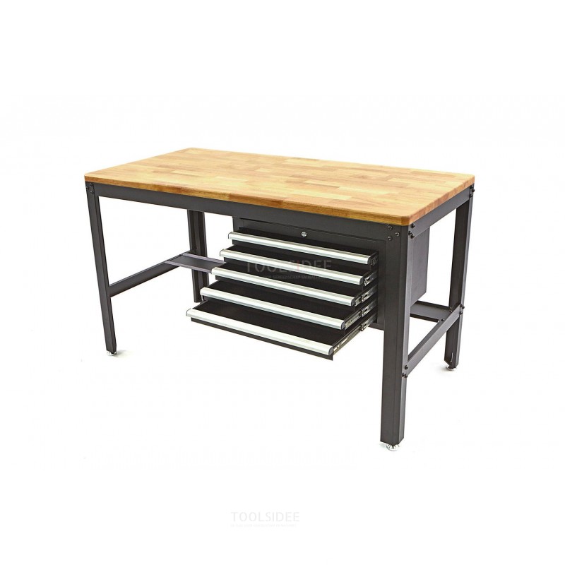HBM 155 cm professional workbench with 5 drawers and wooden worktop