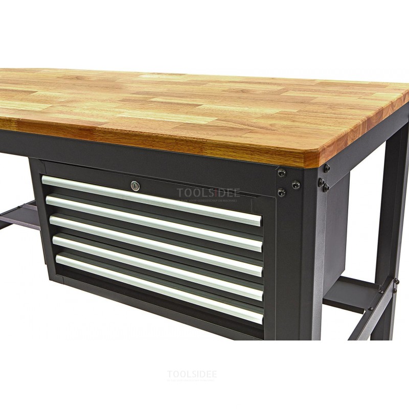 HBM 155 cm professional workbench with 5 drawers and wooden worktop