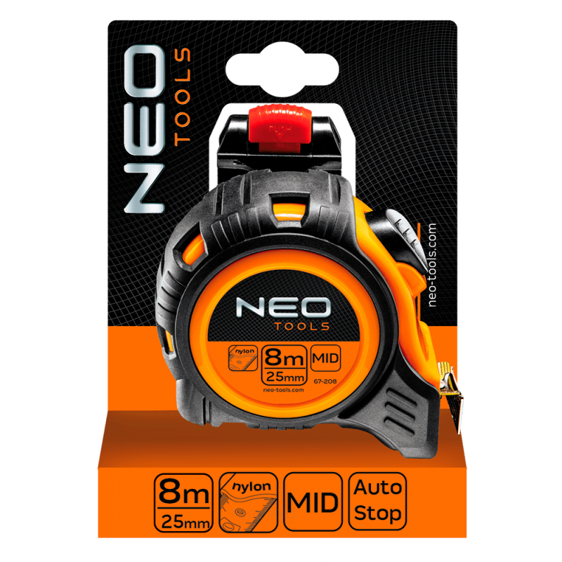 NEO målebånd 8 m, magnetisk, belteklips nylonbelagt 25 mm tape bredde